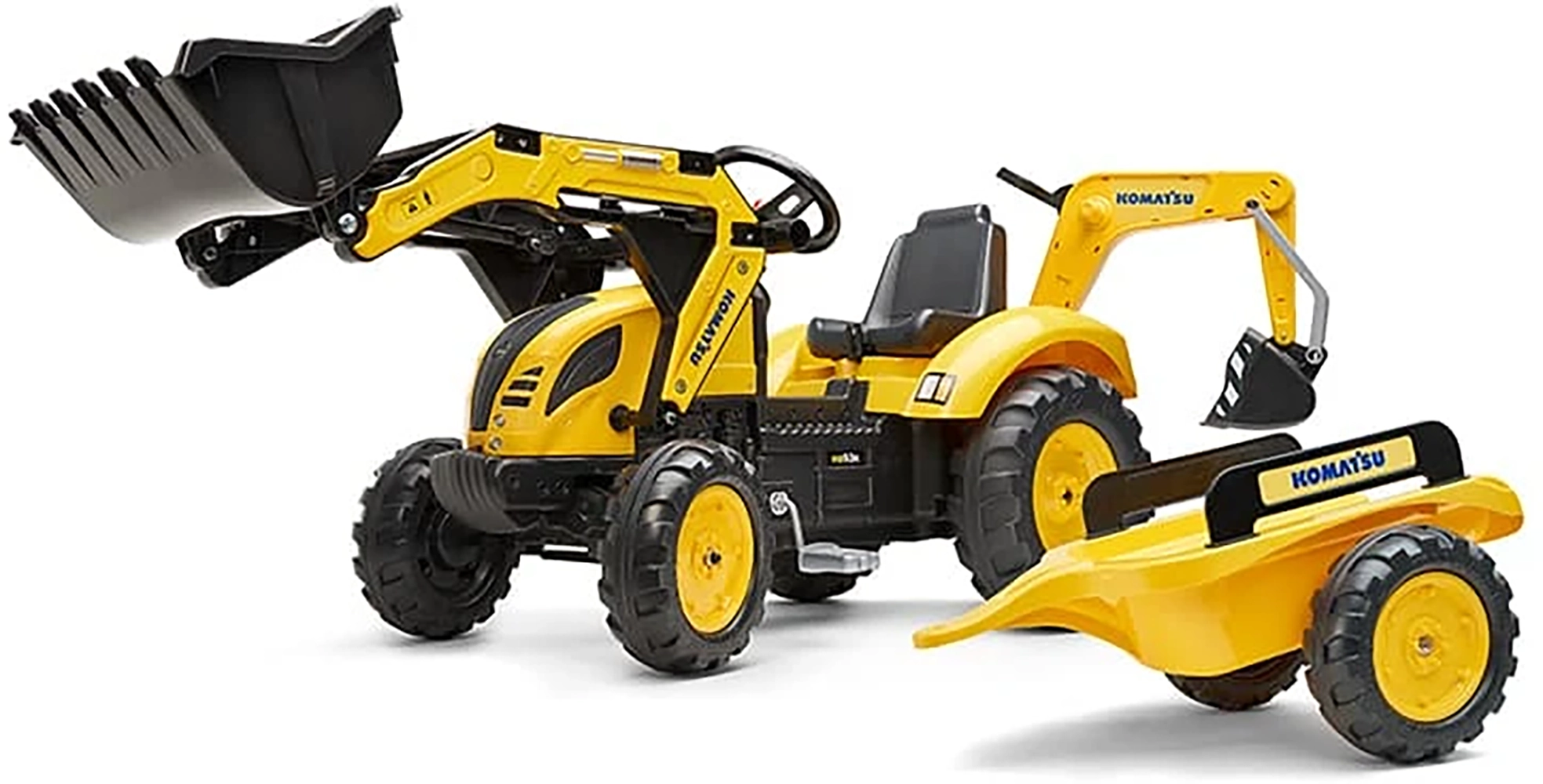 Детский трактор на педалях с прицепом, передним и задним ковшиком Falk 2076N Komatsu (цвет - желтый)
