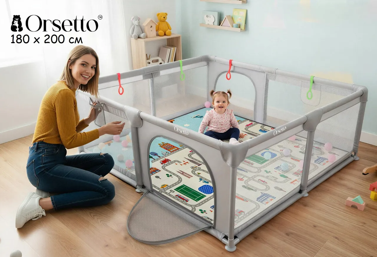 Детский манеж с двусторонним ковриком Orsetto XXL 180x200 см с 50 шариками