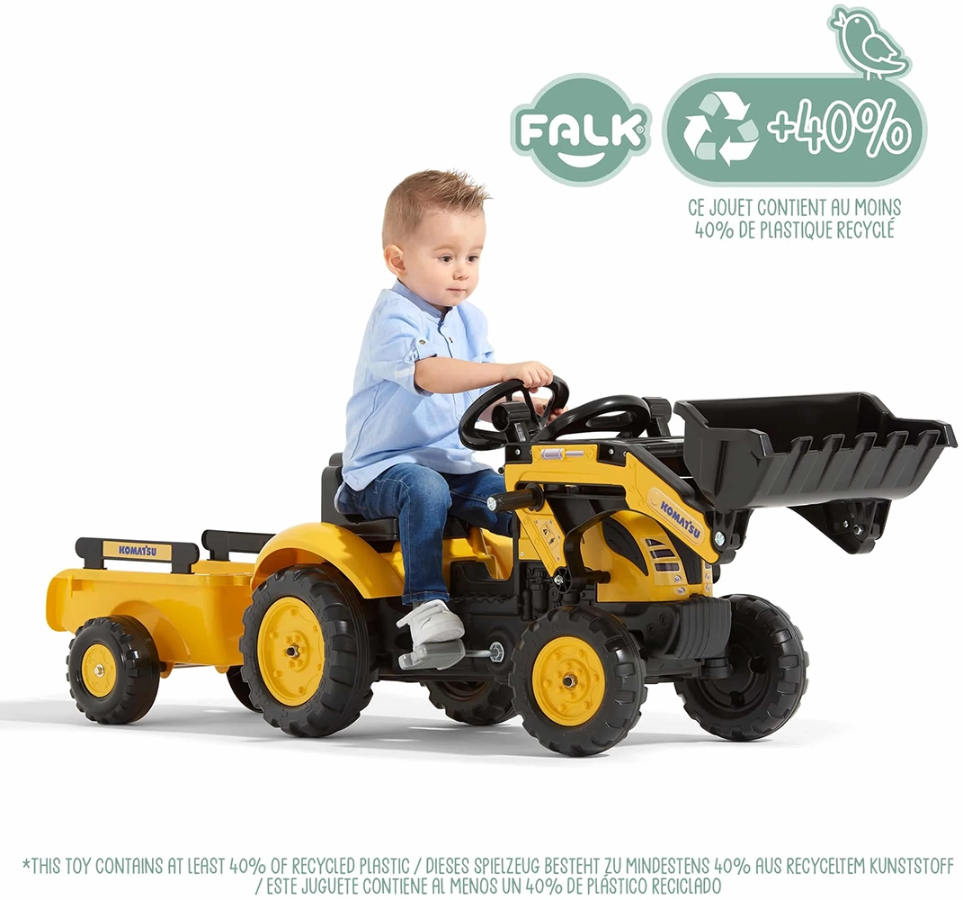 Детский трактор на педалях с прицепом, передним ковшом Falk 2076M Komatsu yellow