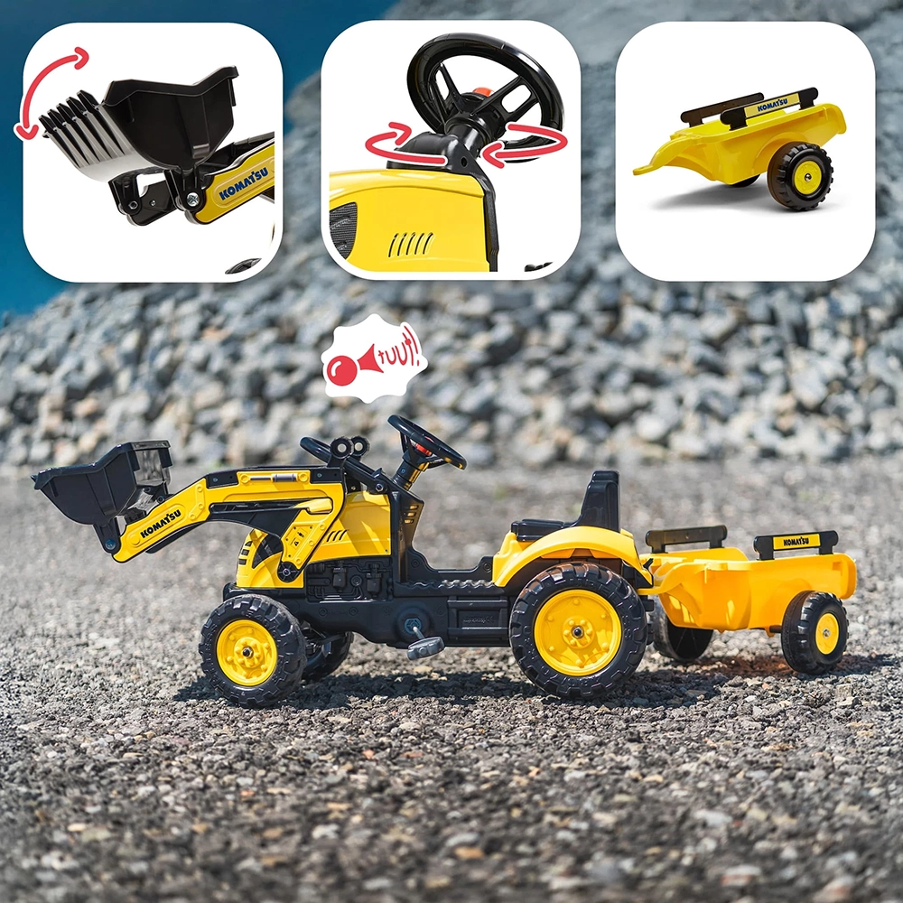 Детский трактор на педалях с прицепом, передним ковшом Falk 2076M Komatsu yellow