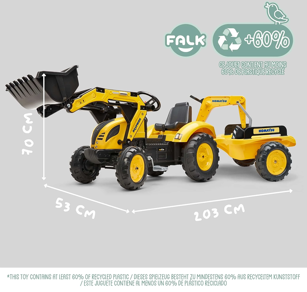 Детский трактор на педалях с прицепом, передним и задним ковшиком Falk 2076N Komatsu (цвет - желтый)