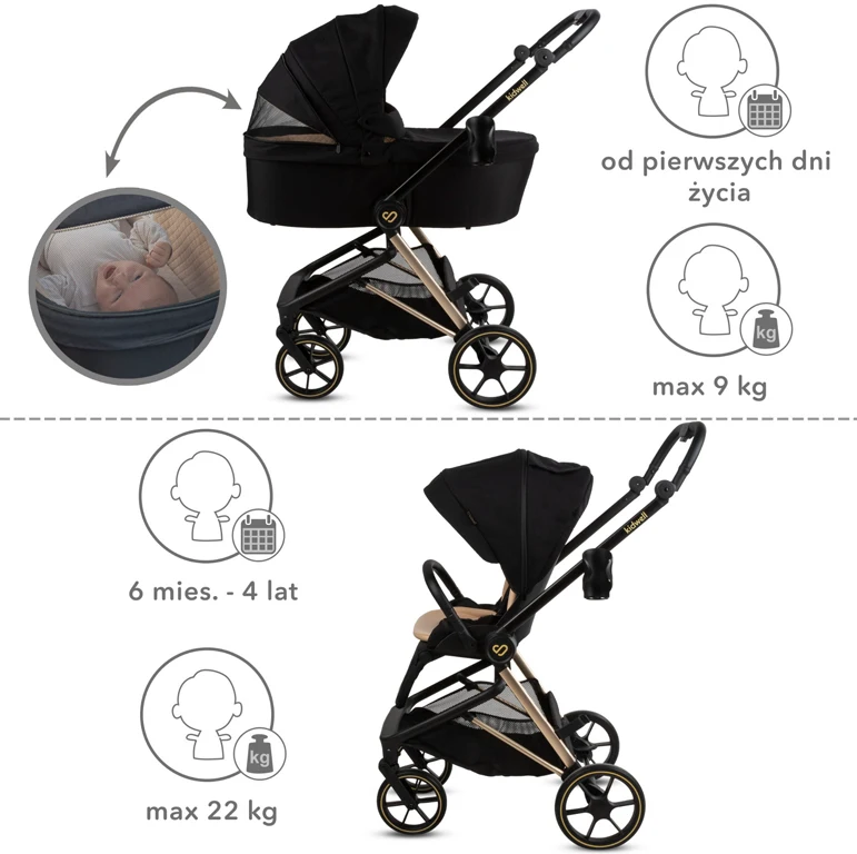 Детская коляска 2 в 1 Kidwell Velmont black/gold